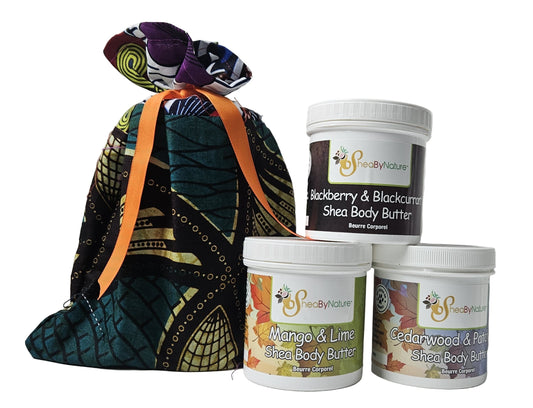 A gift set of Wild Blackberry body butter, Cedarwood Patchouli Body butter, Mango Lime shea body butter, in a jute bag