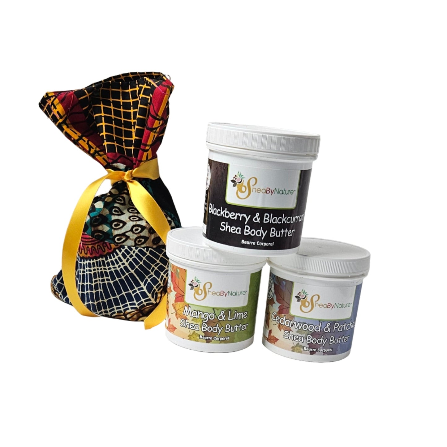 A gift set of Wild Blackberry body butter, Cedarwood Patchouli Body butter, Mango Lime shea body butter, in a jute bag