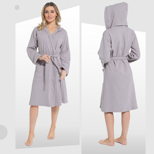 OLIVIA ROCCO Women's Hooded Waffle Cotton Bathrobe Grey 100% Cotton Super Absorbent Spa