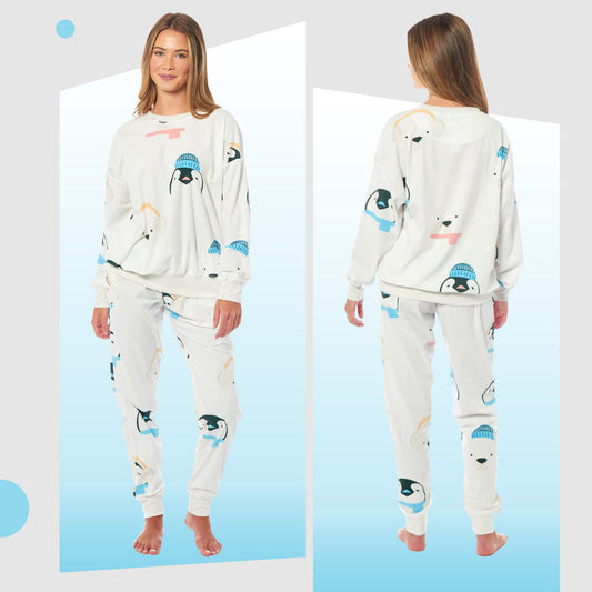 OLIVIA ROCCO Womens Soft Fleece Pyjama Set With Long Sleeve Penguins And Polar Bears