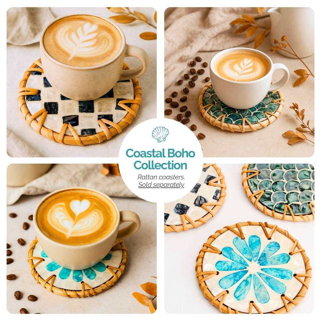 Handmade Natural Rattan & Mother of Pearl Coaster Set (6 Piece + Holder) • Cascade