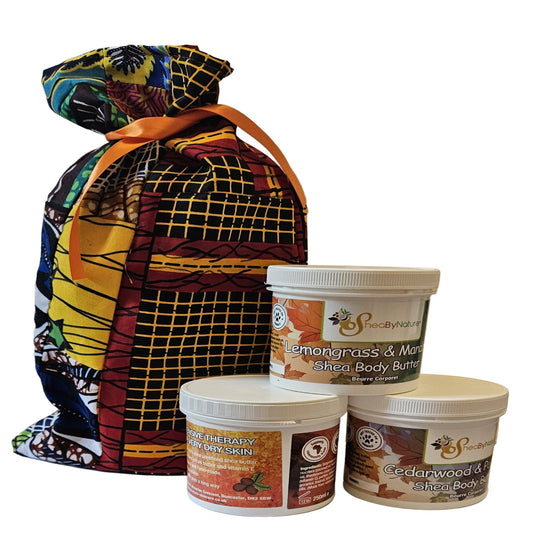 Vegan Shea Body Butter Gift Set – Lemongrass & Mandarin, Cedarwood & Patchouli, Coconut & Vanilla – African Fabric Gift Bag – 3 x 250ml