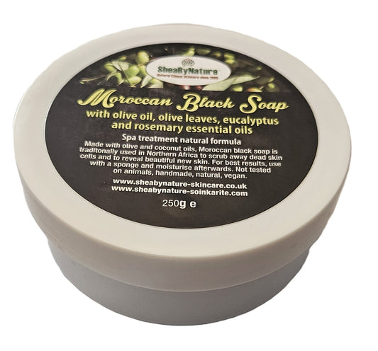 SheaByNaTure MOROCCAN Black Soap. 100% Pure and Natural Soap Made from Olive Oil, coconut oil and Olive Leaves, using traditional Moroccan Method with Eucalyptus and Rosemary essential oil.