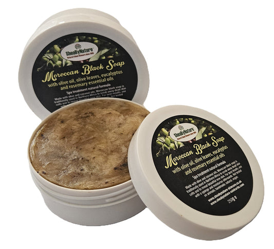 SheaByNaTure MOROCCAN Black Soap. 100% Pure and Natural Soap Made from Olive Oil, coconut oil and Olive Leaves, using traditional Moroccan Method with Eucalyptus and Rosemary essential oil.