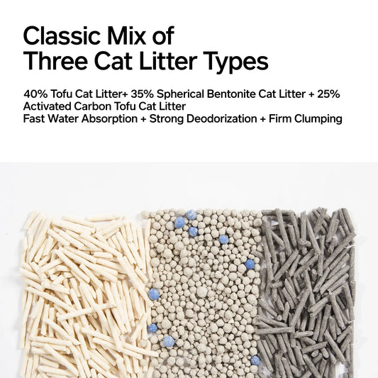 3-in-1 Blend Cat Litter (Tofu, Spherical Bentonite Clay, Activated Carbon Infused Tofu)