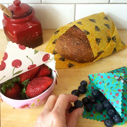 *Set of 3 Handmade Beeswax Wraps | Bees & Cherries