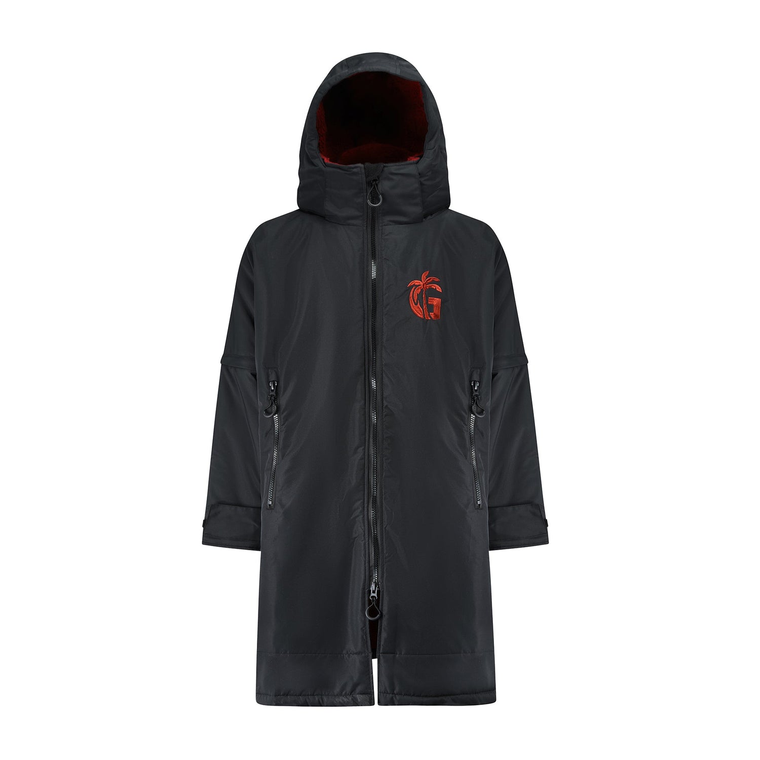 Black hooded jacket with a red logo on a white background