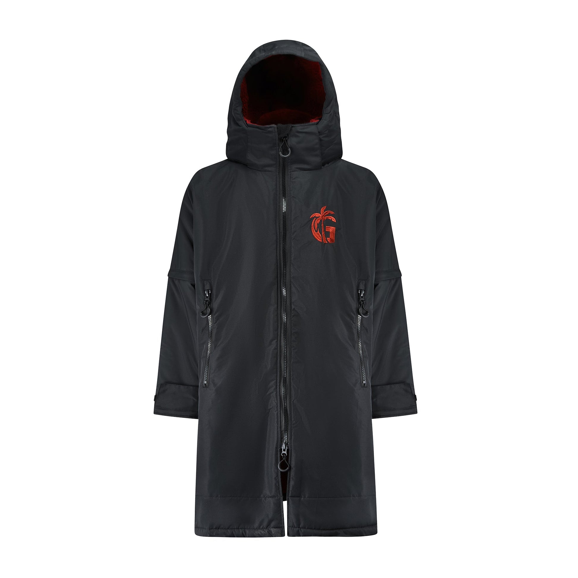 Black hooded jacket with a red logo on a white background