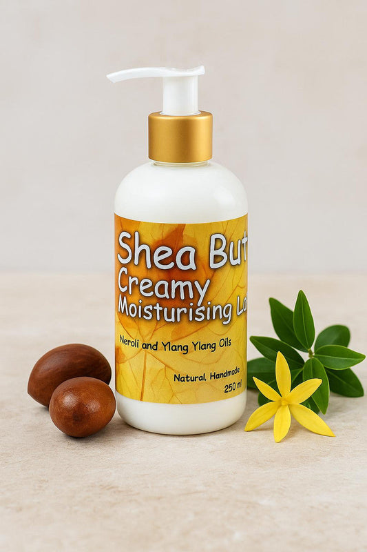 Shea Butter Creamy Lotion for Body (250ml) with Neroli and Ylang Ylang Essential Oils. Great Moisturising Lotion for Stretchmarks and Dry Skin