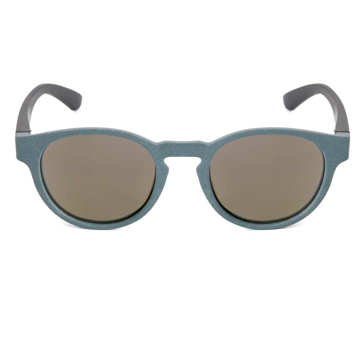 Sunglasses with blue frames and dark lenses on a white background