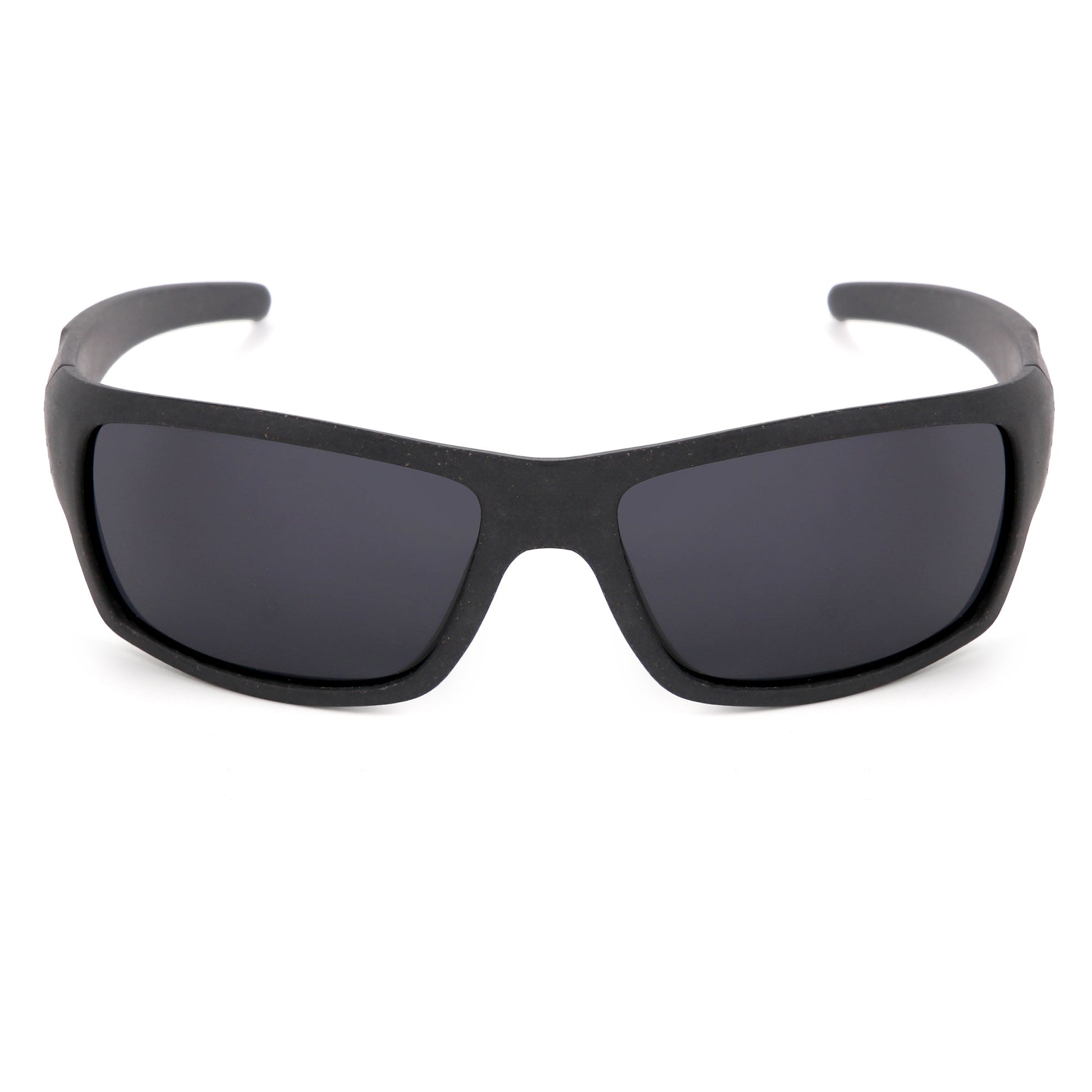 Black sunglasses with dark lenses on a white background