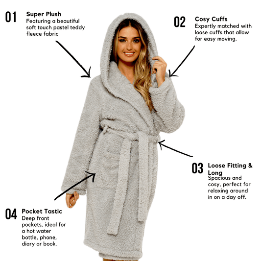 OLIVIA ROCCO Women's Teddy Fleece Hooded Robe Grey Sherpa Lined Ultra Soft Dressing Gown