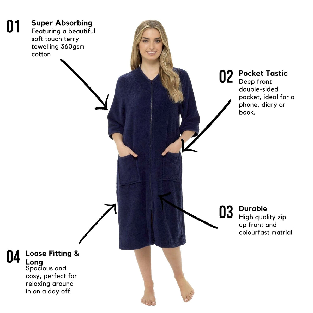 OLIVIA ROCCO Women's Terry Towelling Zip-Through Bathrobe 100% Cotton Ultra Absorbent