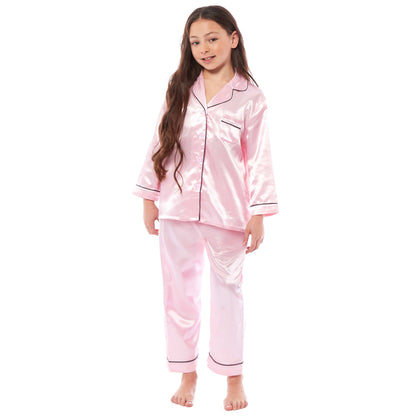 OLIVIA ROCCO Girls Satin Silk Long Sleeve Pyjama Set Black Pink Grey 5-14 Button Down