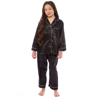 OLIVIA ROCCO Girls Satin Silk Long Sleeve Pyjama Set Black Pink Grey 5-14 Button Down