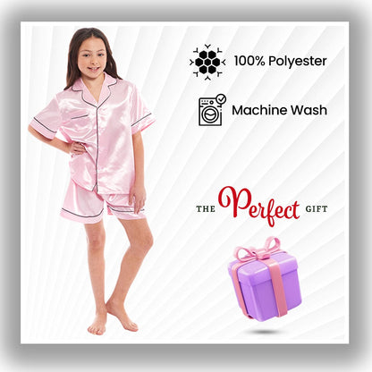 OLIVIA ROCCO Girls Satin Silk Short Pyjama Set Button Down Shirt And Loose Fitting Pants