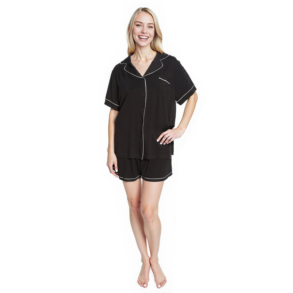 OLIVIA ROCCO Women Black Short Pyjama Set Super Soft Sleepwear With Button Up Top