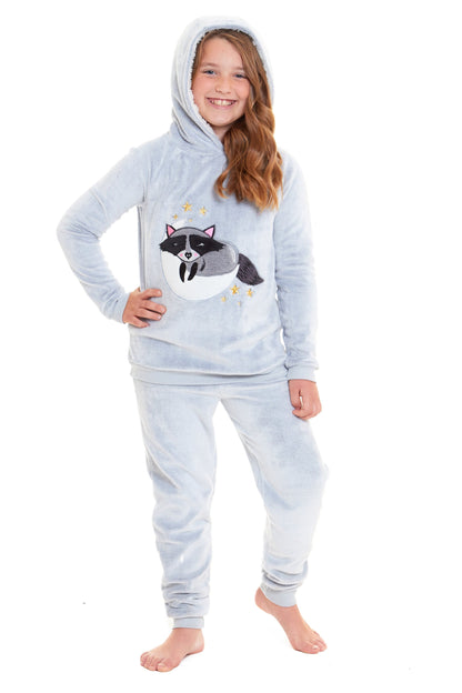 OLIVIA ROCCO Matching Mother Daughter Raccoon Fleece Hooded Pyjama Set With Sherpa Lining