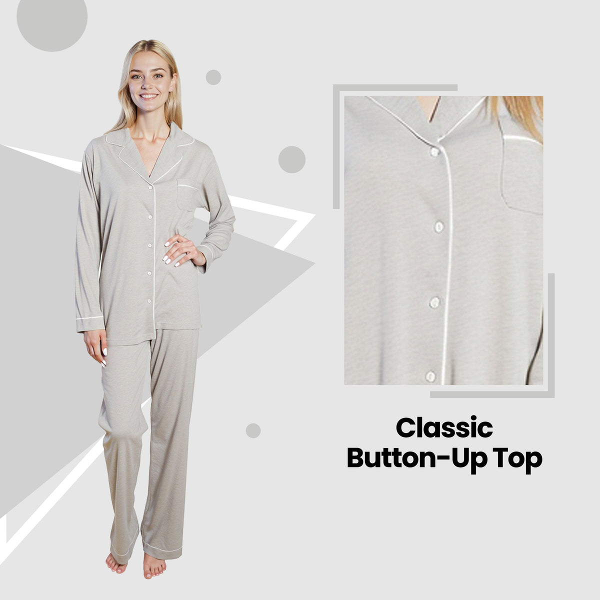 OLIVIA ROCCO Womens Grey Pyjama Set Soft Touch Long Sleeve Button Up Top Super Soft Cosy Home Loungewear