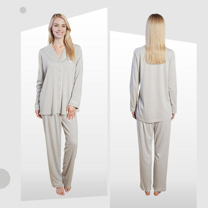 OLIVIA ROCCO Womens Grey Pyjama Set Soft Touch Long Sleeve Button Up Top Super Soft Cosy Home Loungewear
