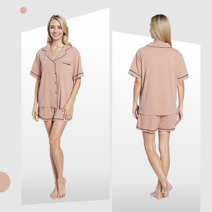 OLIVIA ROCCO Women's Natural Short Pyjama Set Button Up Top And Shorts With Pockets