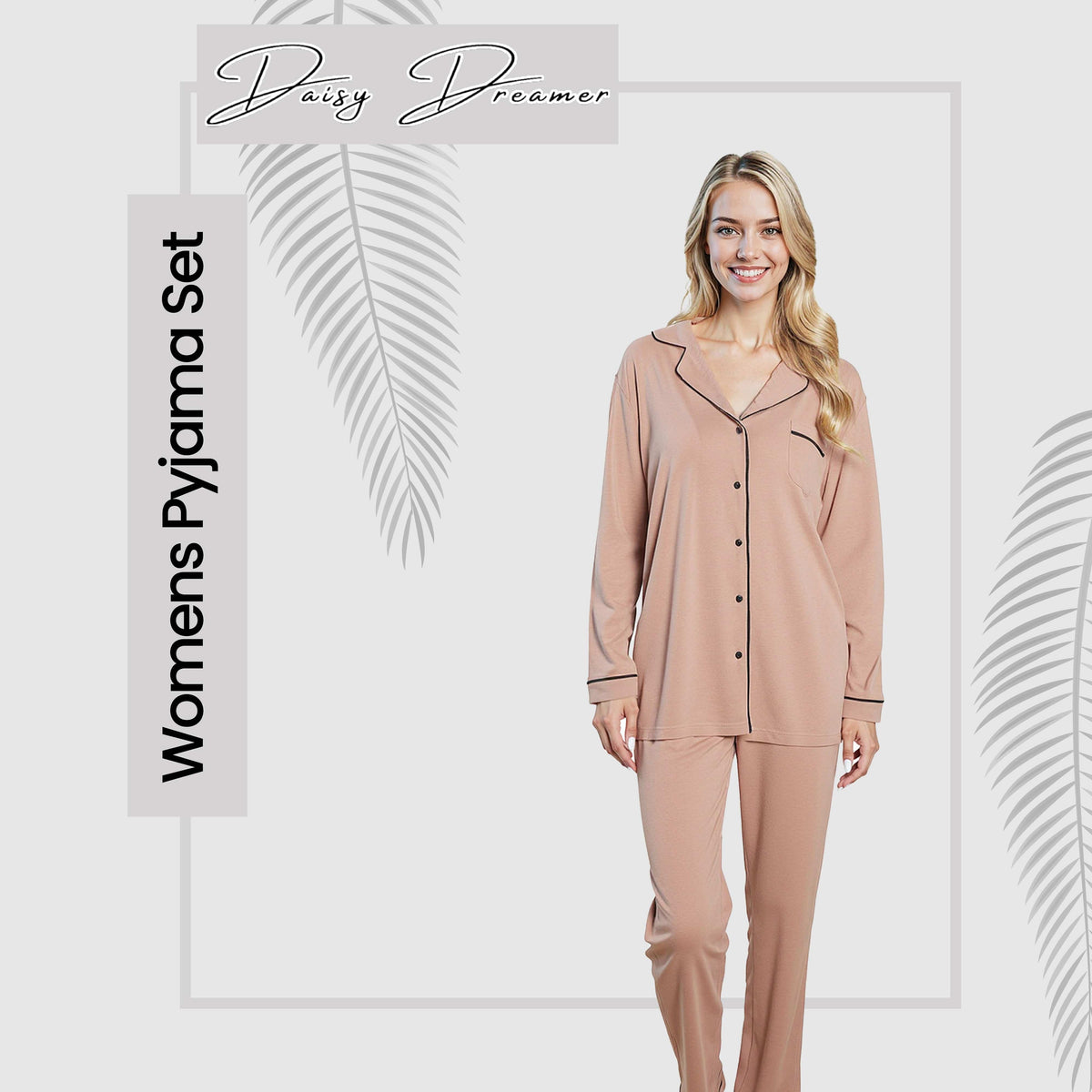 OLIVIA ROCCO Women's Pyjama Set Natural Soft Touch Long Sleeve Button-Up Top and Bottoms