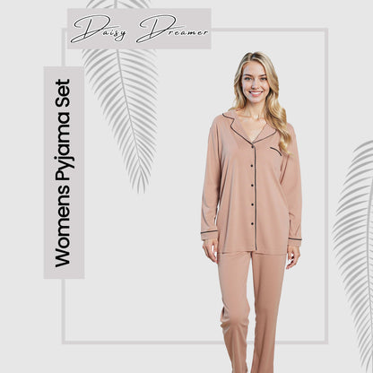 OLIVIA ROCCO Women's Pyjama Set Natural Soft Touch Long Sleeve Button-Up Top and Bottoms