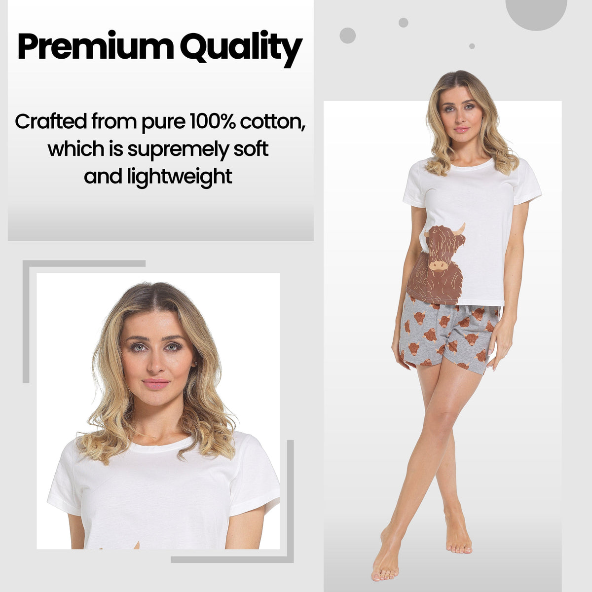 OLIVIA ROCCO Women's Highland Cow Pyjama Set T Shirt And Shorts PJs Soft Cotton Easy-Care Super Soft Sleep Set