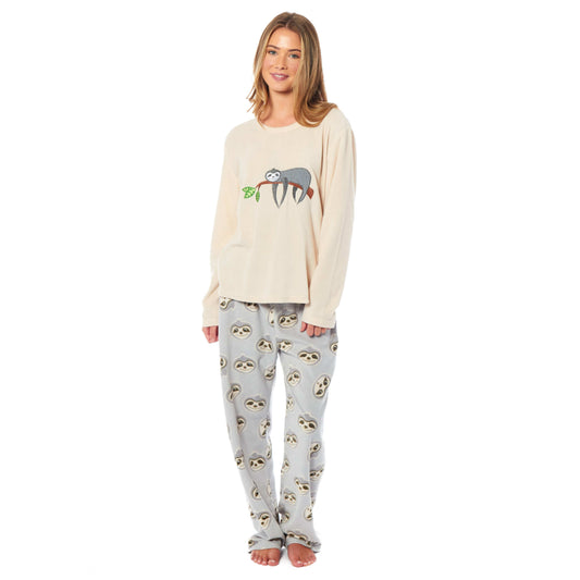 OLIVIA ROCCO Women's Thermal Fleece Pyjamas Set Sloth Animal Print Winter Easy-Care Super Soft Sleep Set