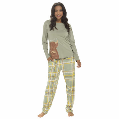 OLIVIA ROCCO Women's Highland Cow Cotton Jersey Pyjama Set Long Sleeve Super Soft Cosy Home Loungewear