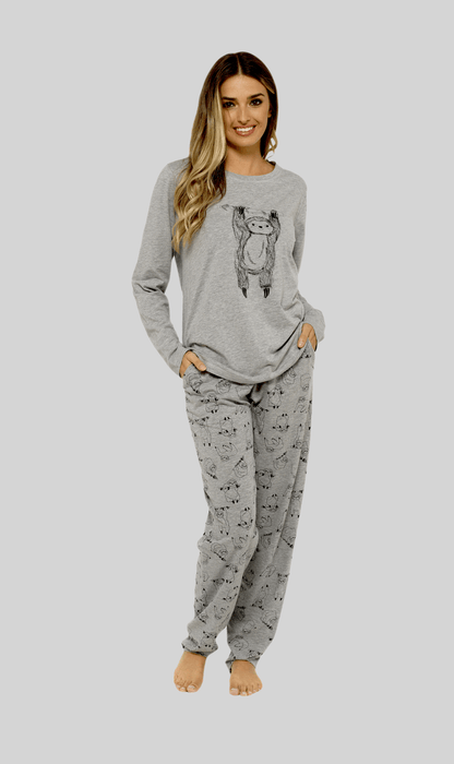 OLIVIA ROCCO Women's Grey Cotton Pyjama Set With Lazy Sloth Design Long Sleeve Sleepwear