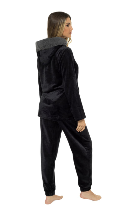 OLIVIA ROCCO Women's Hooded Pyjama Set Black Plush Fleece with Sherpa Lining Ultra Soft