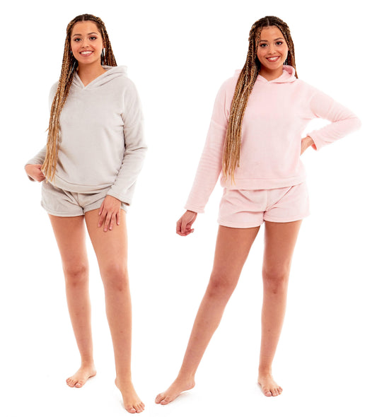 OLIVIA ROCCO Women's Hooded Fleece Top And Shorts Pyjama Loungewear Set Super Soft