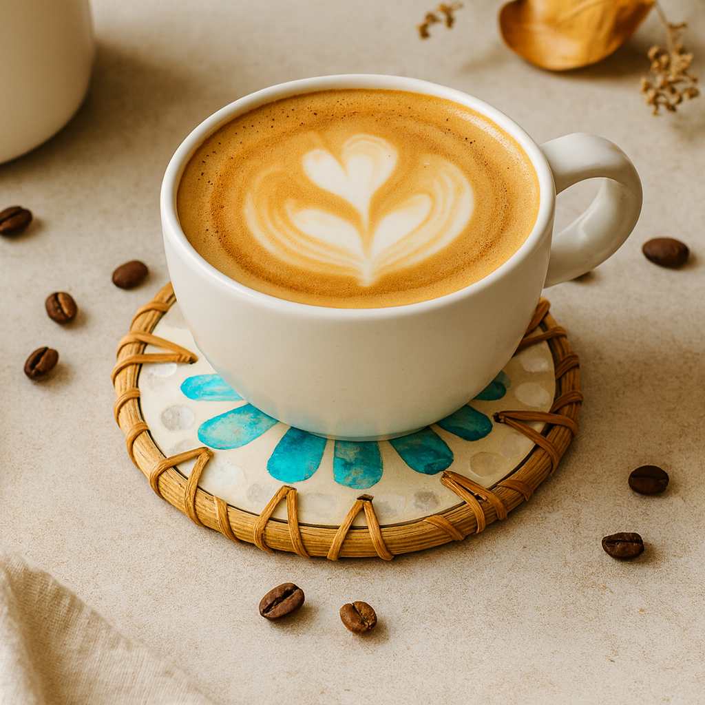 Handmade Natural Rattan & Mother of Pearl Coaster Set (6 Piece + Holder) • Ripple-1