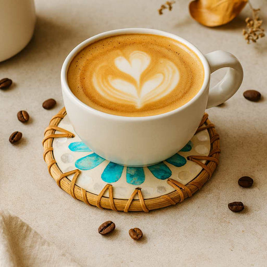 Handmade Natural Rattan & Mother of Pearl Coaster Set (6 Piece + Holder) • Ripple-1