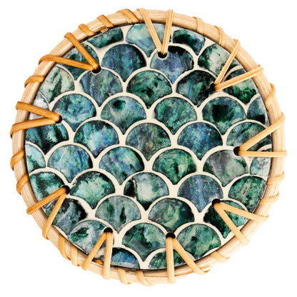 Handmade Natural Rattan & Mother of Pearl Coaster Set (6 Piece + Holder) • Cascade