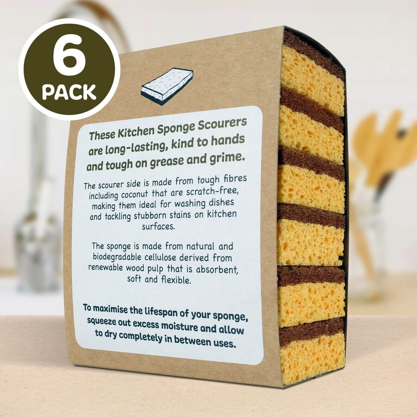 Natural Coconut & Cellulose Sponge Scourers (Pack of 6)