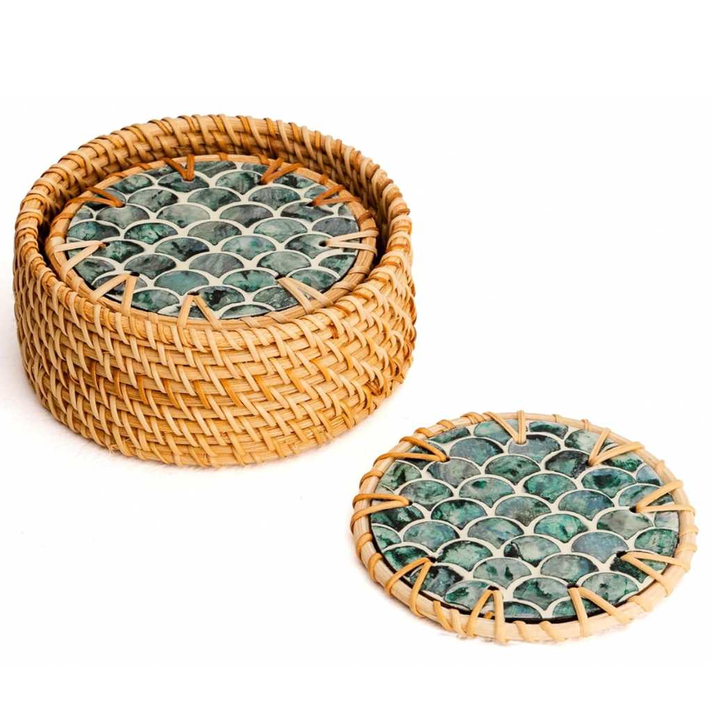 Handmade Natural Rattan & Mother of Pearl Coaster Set (6 Piece + Holder) • Cascade