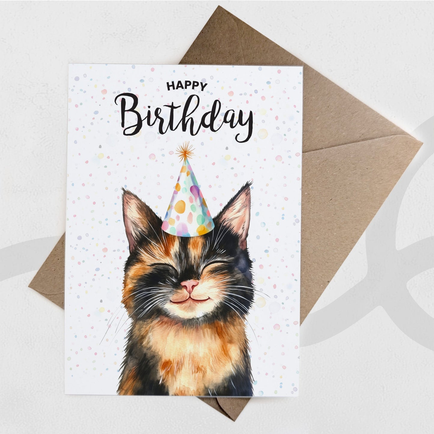 Birthday Card For Him or Her Of A Tortoiseshell Cat Illustration For Him or Her Birthday Gift
