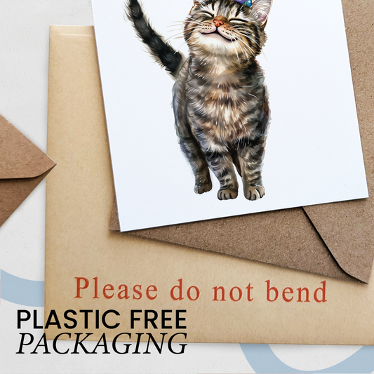 Brown Tabby Cat Birthday Card – Cute Cat Lover Card with Party Hat – Purr-fect Birthday Greeting Card for Cat Owners