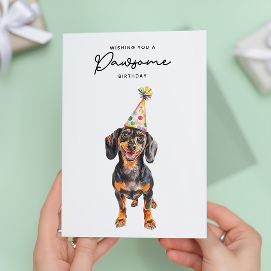 Dachshund Birthday Card – Sausage Dog Lover Card with Party Hat – Pawsome Birthday Greeting Card for Dog Owners