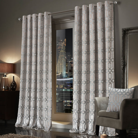 OLIVIA ROCCO Luxe Geo Velvet Eyelet Curtains Champagne Thermal Insulated Soundproof