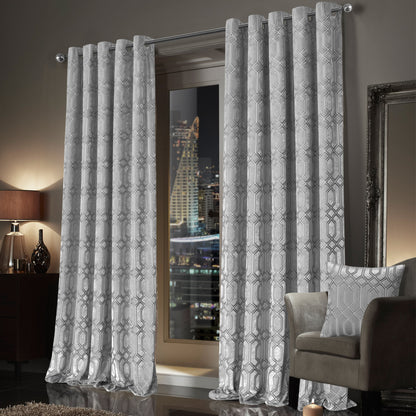 OLIVIA ROCCO Luxe Geo Velvet Eyelet Curtains Grey Thermal Insulated Soundproof Easy-Fit Ready Made Window Pair