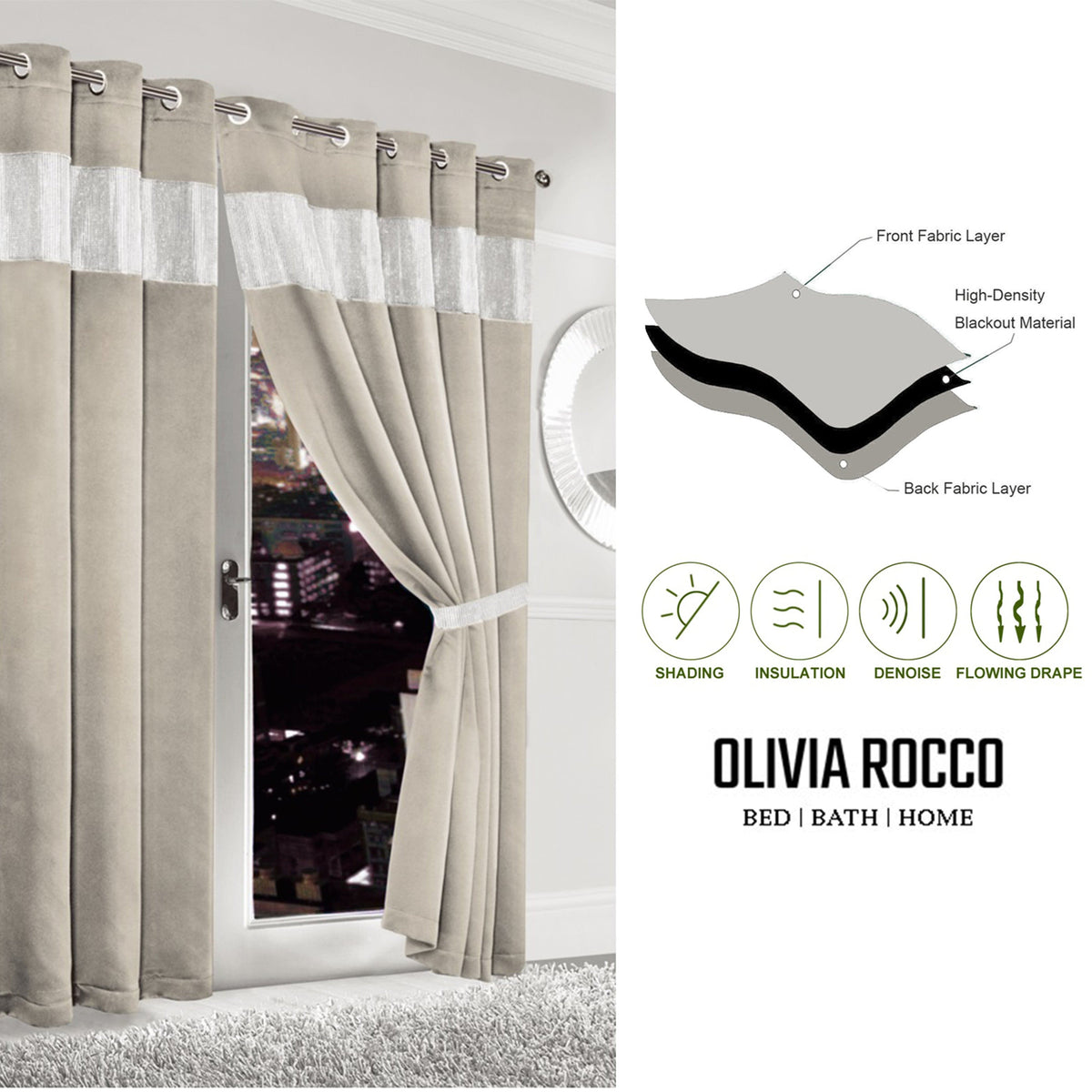OLIVIA ROCCO Diamante Natural Blackout Eyelet Curtains With Tie Backs Thermal Ring Top