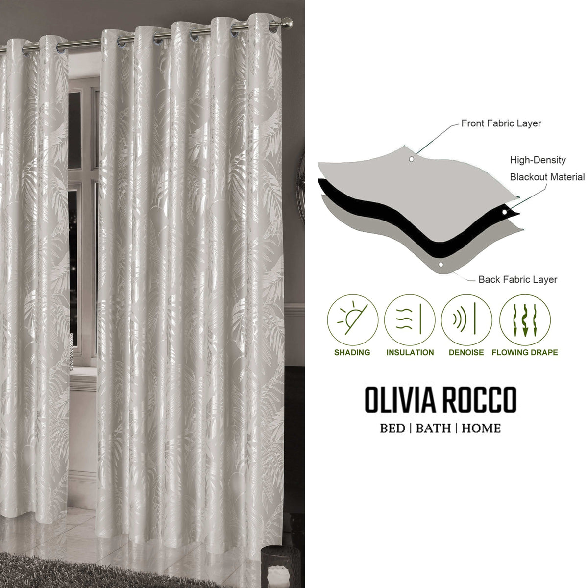 OLIVIA ROCCO Leaf Natural Sparkle Blackout Curtains Super Soft Thermal Insulated Eyelet