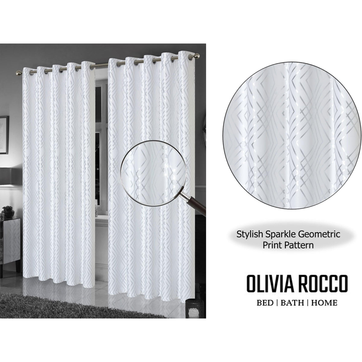 OLIVIA ROCCO Geometric White Sparkle Blackout Curtains Soft Thermal Insulated Drapes
