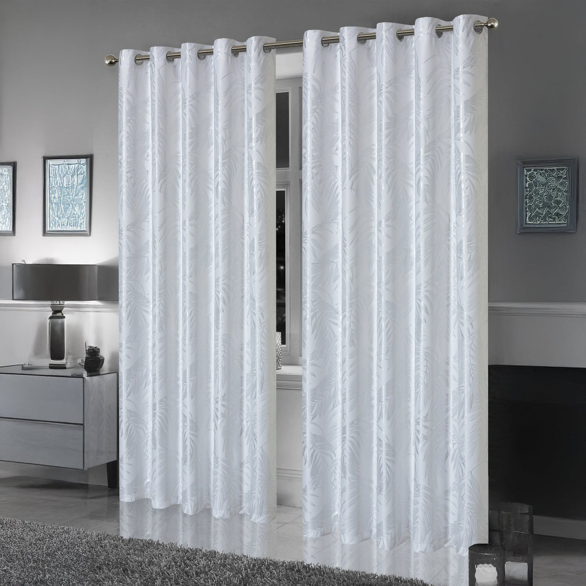 OLIVIA ROCCO Leaf White Sparkle Blackout Curtains Super Soft Fabric Thermal Insulated