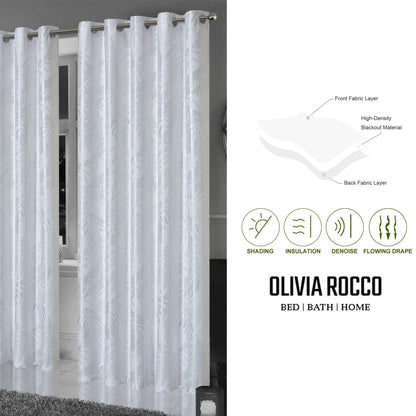OLIVIA ROCCO Leaf White Sparkle Blackout Curtains Super Soft Fabric Thermal Insulated
