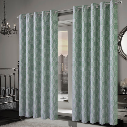 OLIVIA ROCCO Paris Eyelet Jacquard Curtains Sage Green Geometric Pattern Thermal