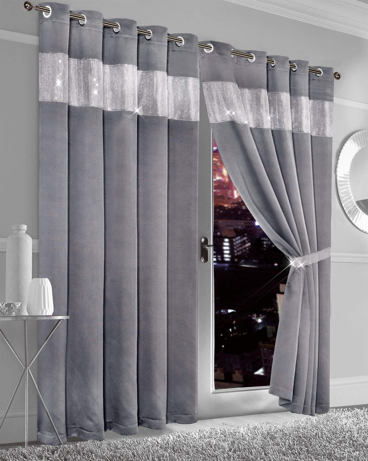 OLIVIA ROCCO Diamante Blackout Curtains With Glitz Detailing Eyelet Ring Top Sold As Pair